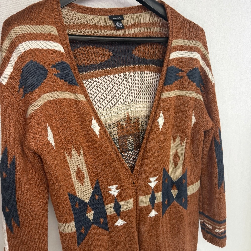 Rust Orange Aztec Knit Open Front Cardigan Sweater Women's M Boho Western